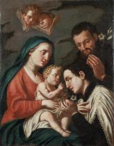 Maestro del XVIII secolo, “Sacra Famiglia con Sant'Antonio e Angeli”.Olio su tela, H cm 64x51