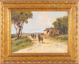 Carlo Domenici (Livorno 1897 - Portoferraio 1981), “Paesaggio di campagna con figure”.Olio su