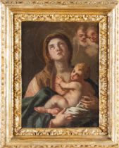 Maestro napoletano del XVIII secolo, “Madonna con Bambino e Angeli”. Olio su tela, H cm 30x22 -