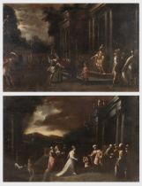 Maestro emiliano del XVII secolo, Coppia di dipinti raffiguranti “Scene con cavalieri”. Olii su
