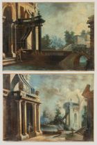 Maestro emiliano del XVIII secolo, Coppia di dipinti raffiguranti “Paesaggi con architetture”.