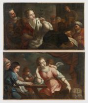 Maestro del XVII secolo, Coppia di dipinti raffiguranti “Scene allegoriche”. Olii su tela, H cm