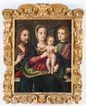 Maestro del XVI secolo, “Madonna con Bambino e Santi”.Olio su tavola, cornice sansovinesca, H