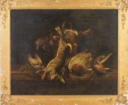 Maestro fiammingo del XVII secolo, “Natura morta con cacciagione”.Olio su tela, H cm 90x112 -