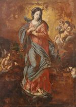 Maestro del XVII secolo, “Madonna in Gloria”.Olio su tela, H cm 175x125 (usure - difetti)