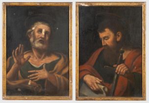 Maestro del XVII secolo, Coppia di dipinti raffiguranti “San Pietro” e “San Paolo”. Olii su