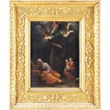 Maestro del XVII secolo, “Sacra famiglia con Angelo”.Olio su tela, H cm 45x32- con cornice H cm
