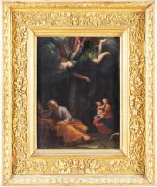 Maestro del XVII secolo, “Sacra famiglia con Angelo”.Olio su tela, H cm 45x32- con cornice H cm
