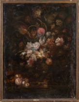 Maestro fiammingo del XVII secolo, “Natura morta con frutta e vaso di fiori”. Olio su tela, H