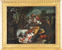 Gaspare Lopez (Napoli 1677 - 1732), attribuito a, “Fiori in paesaggio con vasellami”.Olii su