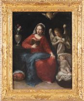 Donato Creti (Cremona 1671 - Bologna 1749), “Madonna che veglia il Bambino”.Olio su tela, H cm