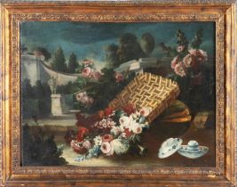 Francesco Lavagna (Napoli 1684 - 1724), attribuito a, “Fiori in paesaggio con vasellami”.Olii
