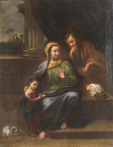 Maestro del XVII secolo, “Sacra Famiglia”. Olio su tela, H cm 66x51 (usure - lievi difetti)