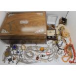 A mother of pearl inlaid box with silver and  costume jewellery to include, a good collection of