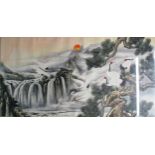 CHINESE SCHOOL LANDSCAPE PAINTING  With red capped cranes amongst pine and before a waterfall,