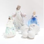 A Lladro model of a girl, a pair of doves and two Doulton figures Condition Report:Available upon