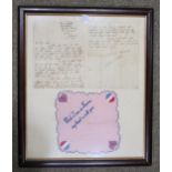 A framed WW2 letter and embroidered handkerchief, the letter, dated 5/4/40, written by Pte. J.