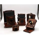 A mahogany and brass bellows plate field camera with Ross, London lens; a Thornton Pickard