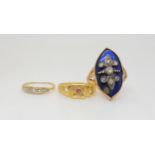 An 18ct gold red gem ring, and a vintage three stone (both have diamonds missing) together with a