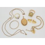 A pair of 14k gold key pattern earrings, weight 4gms, together with a 9ct gold locket, two rings,