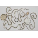Five silver fob chains one with a St. Abb's FC medallion with gold detail, a silver pocket watch and