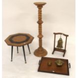 A 20th century pine barley twist plant stand, octagonal occasional table, oak tea tray, miniature