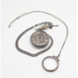 A silver cased pocket watch, the face with roman numerals (af) and a silver t bar chain, by H W