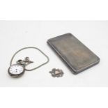 A white metal cased pocket watch and t bar chain, a silver fob medal, by William James Dingley,