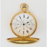 An 18ct gold full hunter pocket watch with stop watch function, the outer case monogramed,