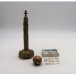 A quantity of mother-of-pearl gaming tokens, together with a brass minaret ornament and a
