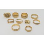 Six 9ct gold wedding rings, a Claddagh ring and three other 9ct rings (10) weight together 27.7gms