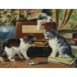 LUCIE BRIARD Kittens and musical box, signed, oilon canvas, 34 x 43cm Available upon request