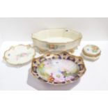 A Noritake flower painted dish with gilt rim, together with three lady artist painted pieces