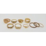 Ten 9ct gold rings, to include wedding rings, signet rings etc Weight together 27.7gms Condition