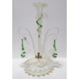 A vaseline glass epergne with central trumpet and two baskets Condition Report:Available upon