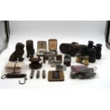Assorted collectables, comprising a mahogany and brass Milward fishing reel, various opera glasses/