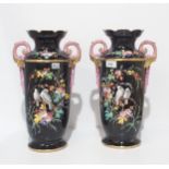 A pair of late 19th century continental porcelain vases, hand painted with birds and flowers