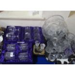 A collection of cut glass and crystal including Edinburgh Burns themed tumblers and brandy balloons,