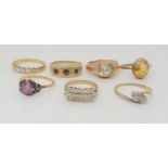 Seven 9ct and yellow metal rings, to include a twin stone diamond ring, weight combined 15.7gms
