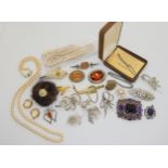 A silver and amber brooch, and a collection of vintage costume jewellery to include items by Sphinx,