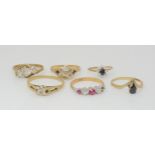 Two 9ct retro diamond rings, and a further four 9ct gem set rings, weight together 10.6gms Condition