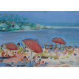 IRENE LESLEY MAIN (SCOTTISH b.1959) BEACH AND PARASOLS 1985 Oil on board, signed lower left,