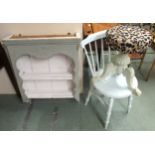 A Victorian painted tripod piano stool, painted rail back chair and open wall shelf (3) Condition
