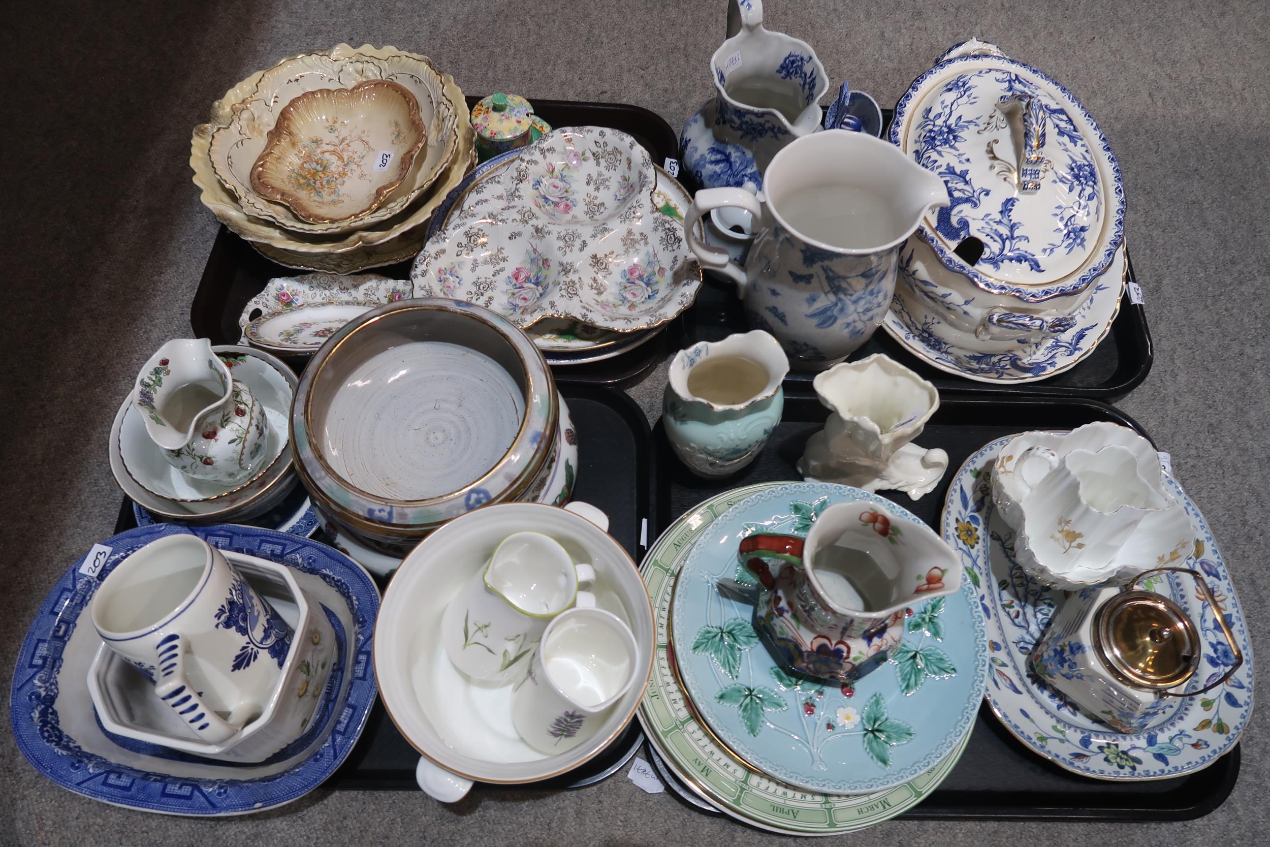 A collection of ceramics including blue and white transfer printed, an Art Deco preserve pot, a