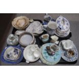 A collection of ceramics including blue and white transfer printed, an Art Deco preserve pot, a