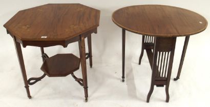 A late Victorian art nouveau octagonal topped two tier window table on square tapering supports,