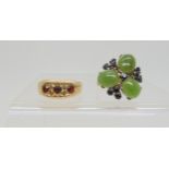 A 9ct gold star set garnet ring, size Z1/2, together with a New Zealand jade and sapphire cluster