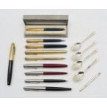 A collection of vintage fountain and ballpoint pens, all by Parker bar one (a Sheaffer's 14K-