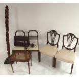 A lot of two pairs of mahogany dining chairs, bergere stool, carved hardwood torchier and a JVC
