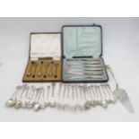 A collection of silver, white metal and EPNS cutlery, including a cased set of silver coffee spoons,